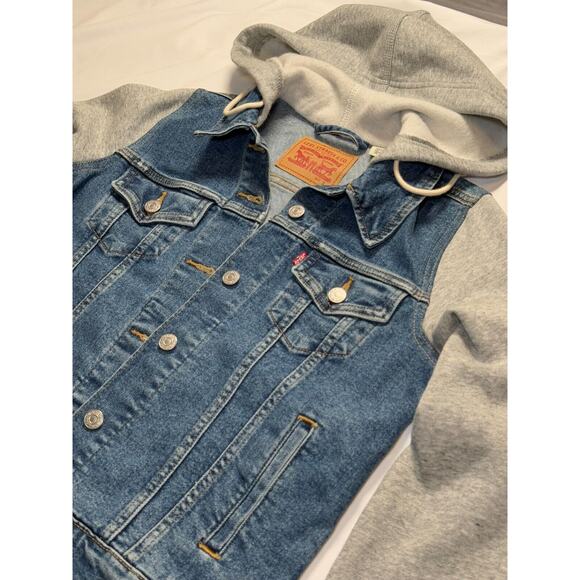 Levis Trucker Jacket Womens Small Blue Jean Denim Hybrid Hoodie Button Up EUC - Picture 4 of 5